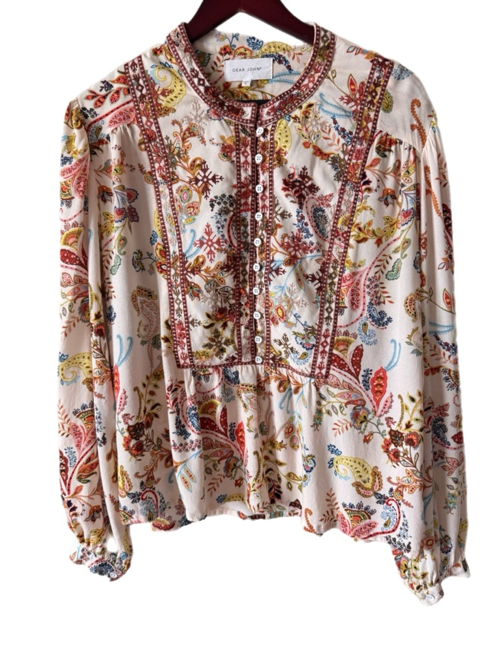 DEAR JOHN Top Blouse Floral Paisley Embroidered Boho Sz L